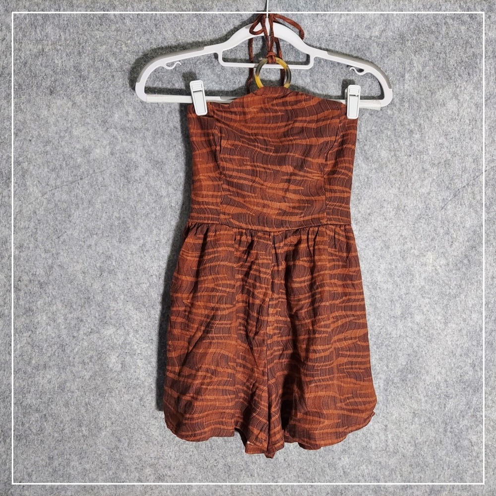 Old Navy Womens Halter Neck Linen Romper XS Red Tiger Print O-Ring Smocked Back
